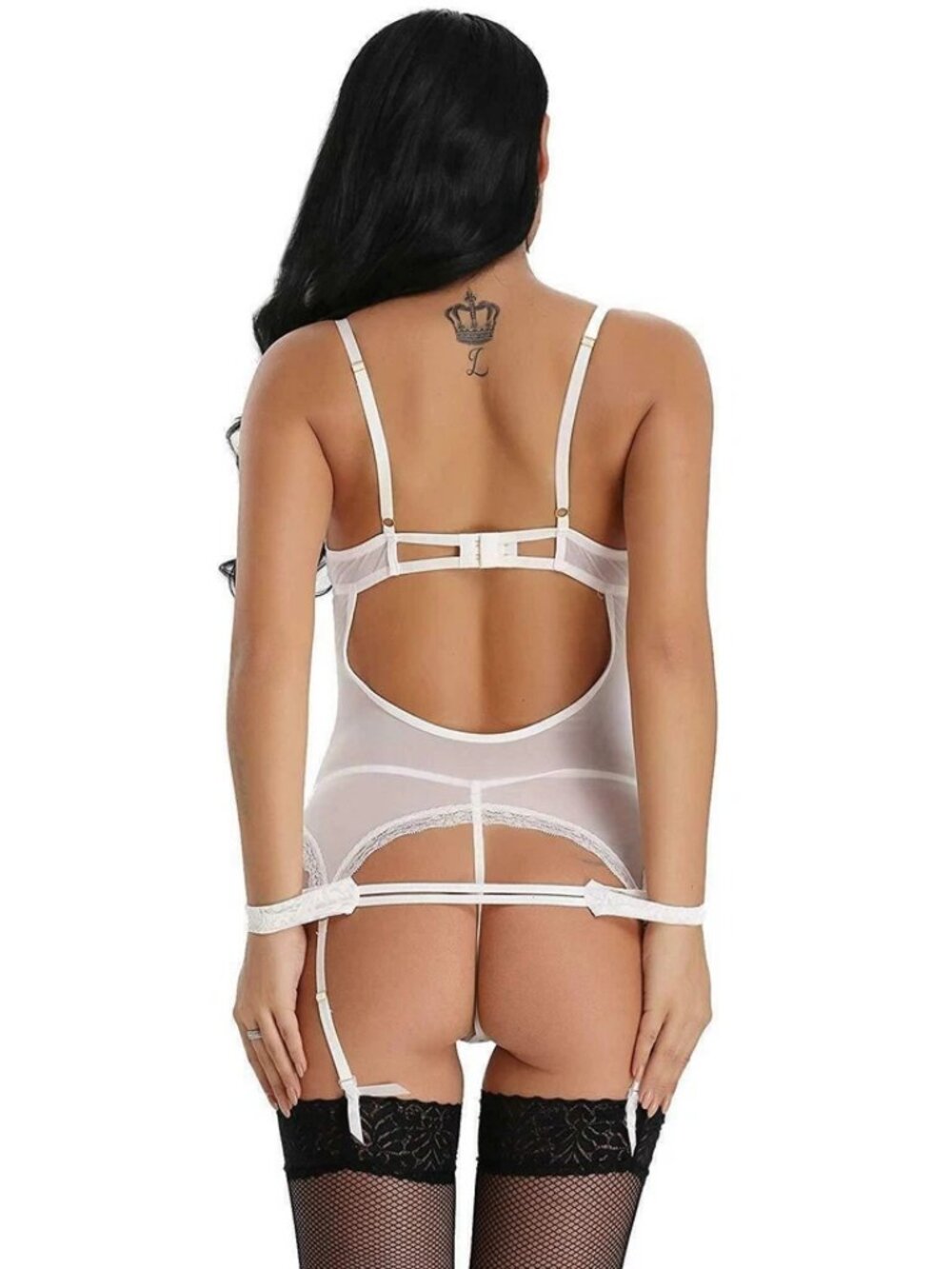 Women's Sexy Lingerie Lace Mesh Corset V-Neck Teddy Babydoll Sleepwear Thong Set - Picture 8 of 12